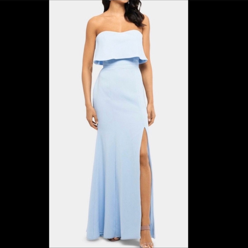 Xscape Women's Strapless Crepe Front Slit Gown - Light Blue - 4